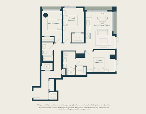 Floor plan for 3 beds, 2 baths, 1181 sqft